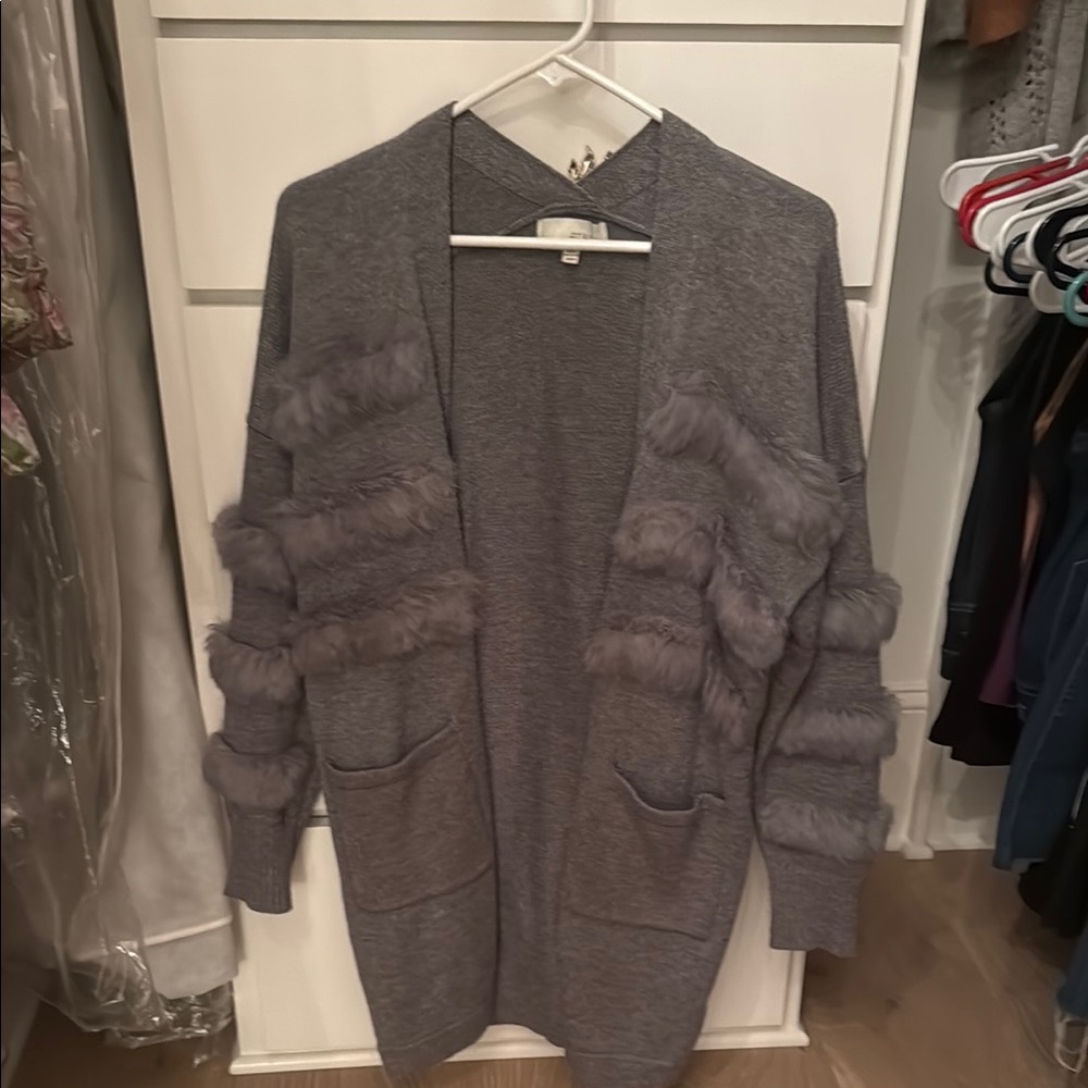 Gray Fur-Trimmed Women's Sweater